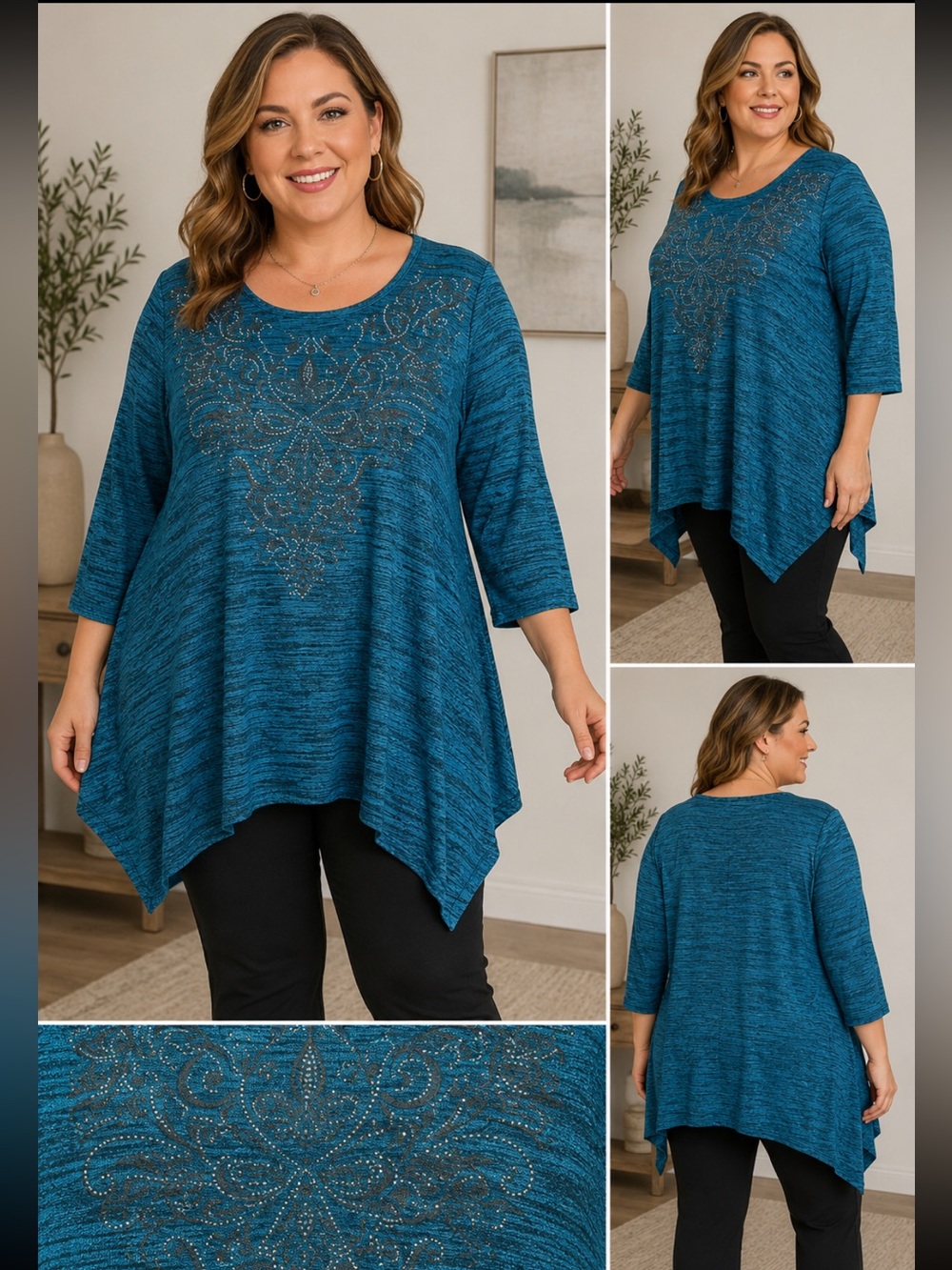 Catherines Plus Size 4X Metallic Blue Rhinestone Studded Tunic Blouse